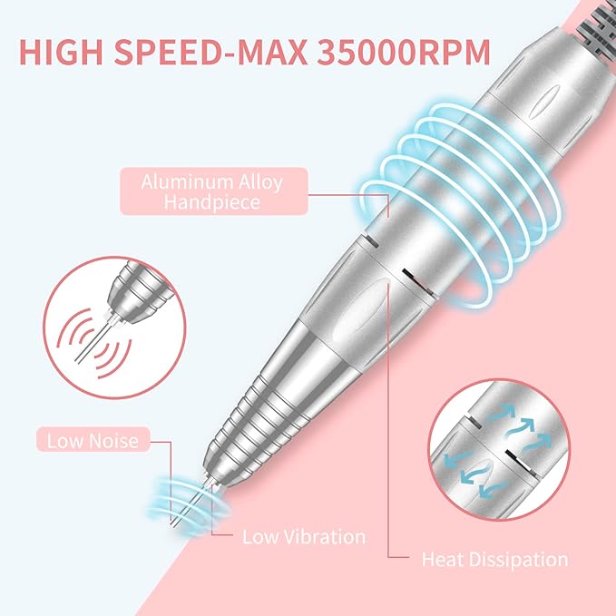 Portable Nail Drill Professional 35000 RPM, MOCOWIND Rechargeable Electric Nail File Machine E File for Acrylic Gel Polishing Removing, Cordless E-File with Bits Kit for Manicure Salon Home,Pink