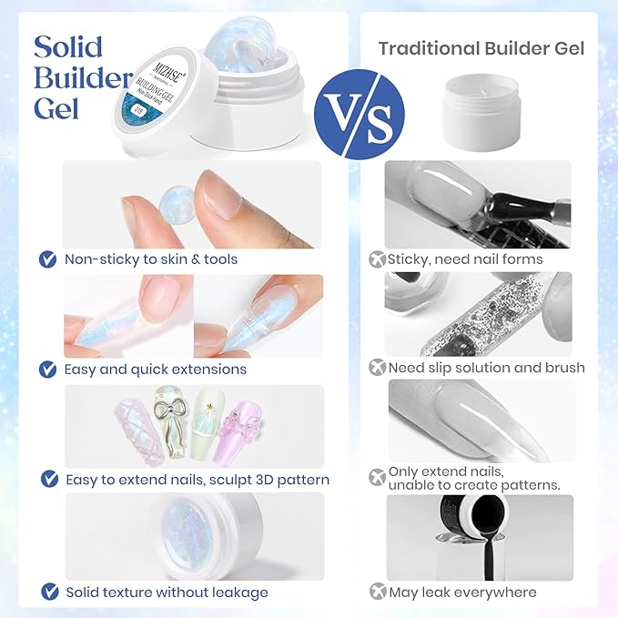 MIZHSE Non-Sticky Solid Builder Gel, Aurora Blue and Clear Sculpting Gel for Nails, Mermaid Pearl Building Carving Modeling Hard Extension 3D Nail Art Salon Home DIY