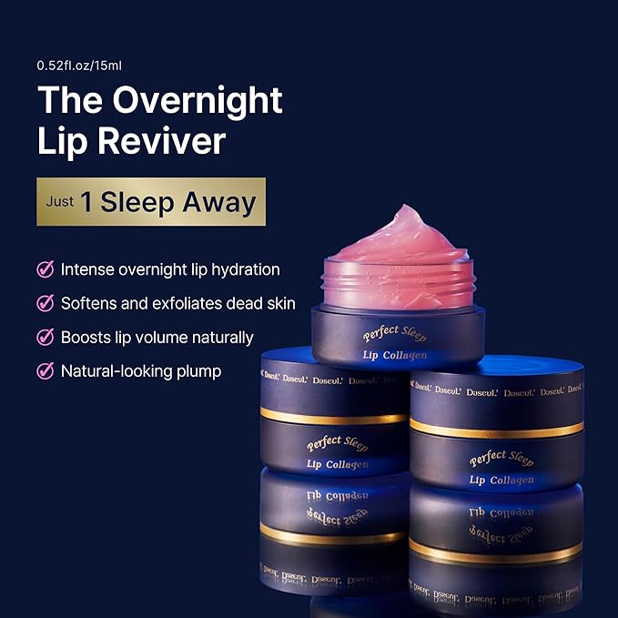 Perfect Sleep Lip Collagen 0.52fl.oz/15ml, Hydrolyzed Collagen+Rice Protein, Willow Bark Extract & Peptide to Nourish, Moisturize & Exfoliate the lips, Sleep-Beauty, Korean Overnight Lip Mask