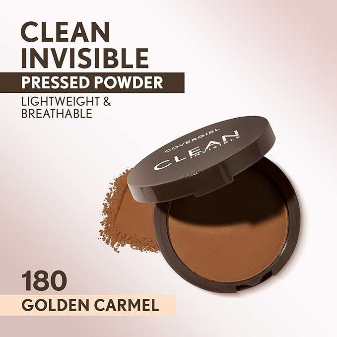 Covergirl Clean Invisible Pressed Powder, Lightweight, Breathable, Vegan Formula, Golden Caramel 180, 0.38oz