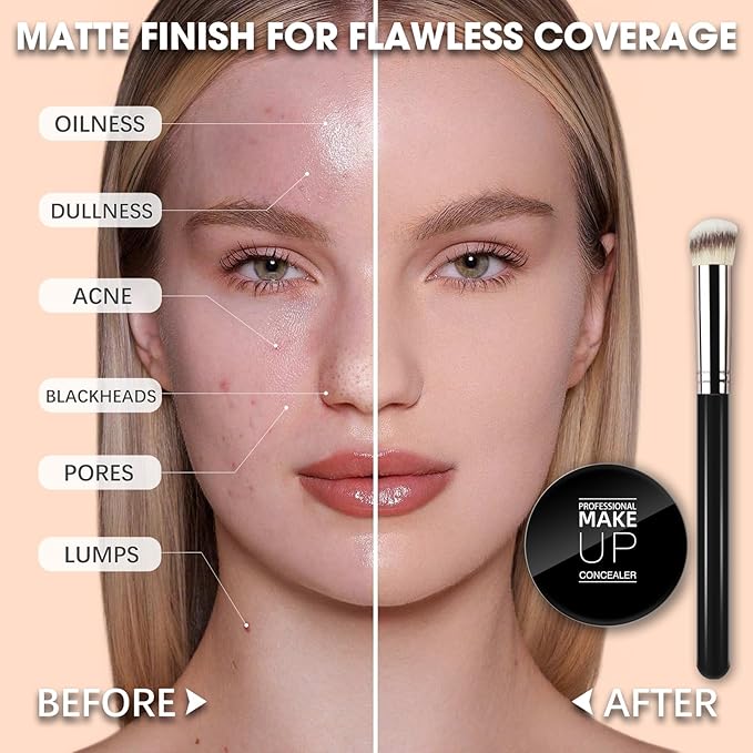 Cream Concealer Full Coverage Makeup, Matte Color Correcting Concealer with Brush, Waterproof, Conceals Blemish, Pores and Spots, Under Eye Makeup Concealer for Dark Circles (#03 NETURAL)