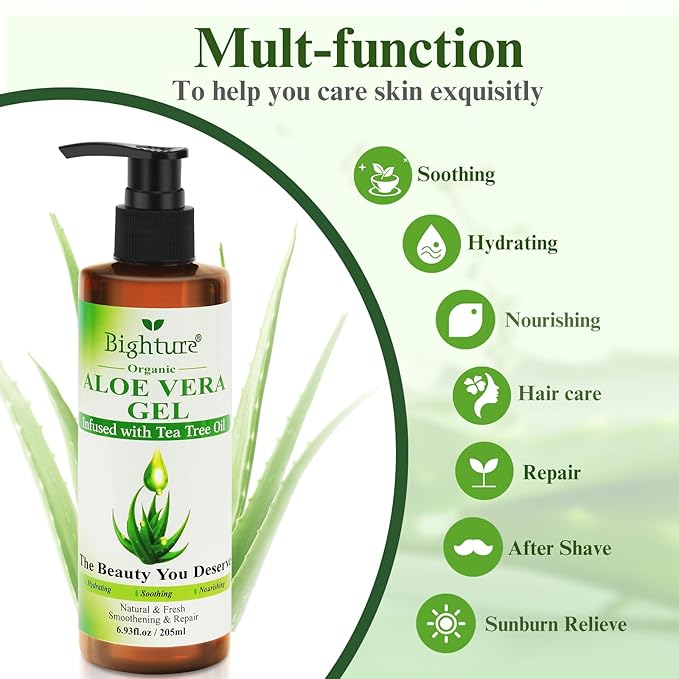 Organic Aloe Vera Gel with Tea Tree Oil for Face & Body, Freshly-cut Aloe Vera Gel Ideal for Skin, Scalp, & Hair Hydration, Calming Moisturizer for Soothing After Sun Care Relief, 6.93 oz