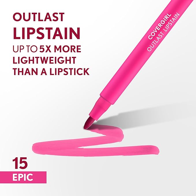 COVERGIRL Outlast, 15 Epic, Lipstain, Smooth Application, Precise Pen-Like Tip, Transfer-Proof, Satin Stained Finish, Vegan Formula, 0.06oz
