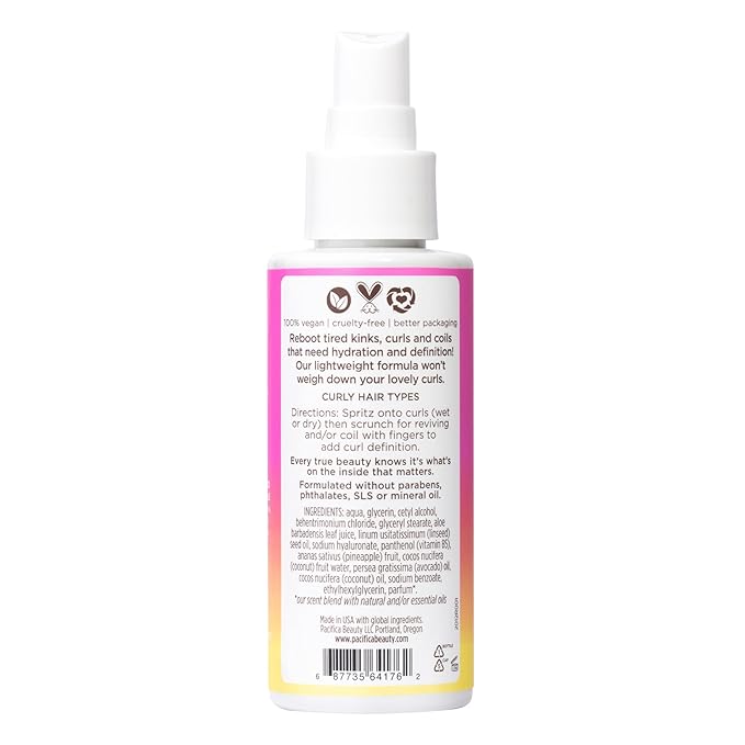 Pacifica Pineapple Curls Refresher Mist Frizz Control Spray & Curly Hair Enhancing -w/Hyaluronic Acid Vitamin B5 & Natural Plant Oils Revitalizes Curls - Vegan Cruelty Free Dermatologist Tested