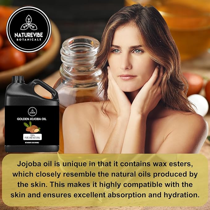 Naturevibe Botanicals Golden Jojoba Oil 32 oz – 100% Pure, Cold-Pressed Moisturizer for Skin & Hair | Antioxidant-Rich, Non-Greasy, Carrier Oil & Daily Hydration