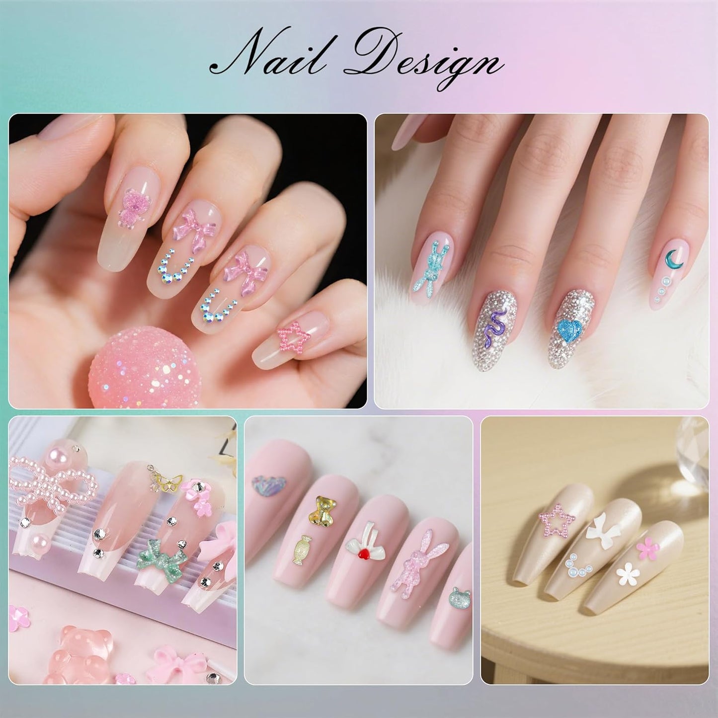 Artdone Nail Art Studs Kit, 2 boxes Multicolor 3D Charms Flower Butterfly Snake Rabbit Diamond Cute Nail Jewels for DIY Decoration with Pickup Tools