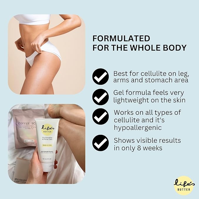 Life's Butter Anti-Cellulite Cream with L-Carnitine, Coenzyme Q10 | Skin Smoothening Natural Product | Fights Cellulite and Stretch Marks | 6 fl oz (Scent-Free) + Dry Brush
