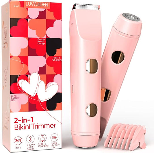 2 in 1 Bikini Trimmer for Women, Smooth and Painless Electric Razors for Women, IPX7 Waterproof Women's Electric Shaver, Rechargeable Bikini Underarm Legs Arm Body Face Trimmer Womens Shaver (Pink)