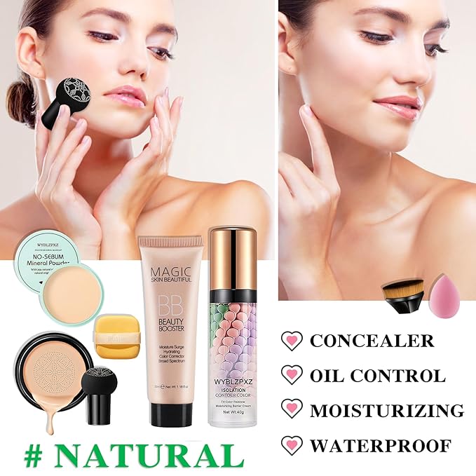 Mushroom Head Air Cushion CC Cream + BB Cream + Tri-color Color Corrector Isolation Cream Foundation Set Moisturizing Full Coverage Foundation Concealer Lasting Foundation Makeup Base Primer（7 Pcs）