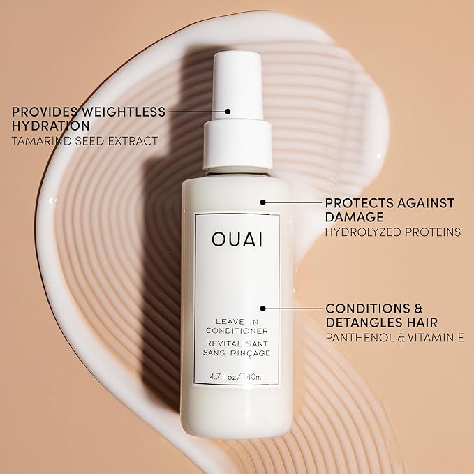 OUAI Leave In Conditioner & Heat Protectant Spray - Prime Hair for Style, Smooth Flyaways, Add Shine and Use as Detangling Spray - No Parabens, Sulfates or Phthalates (4.7 oz)