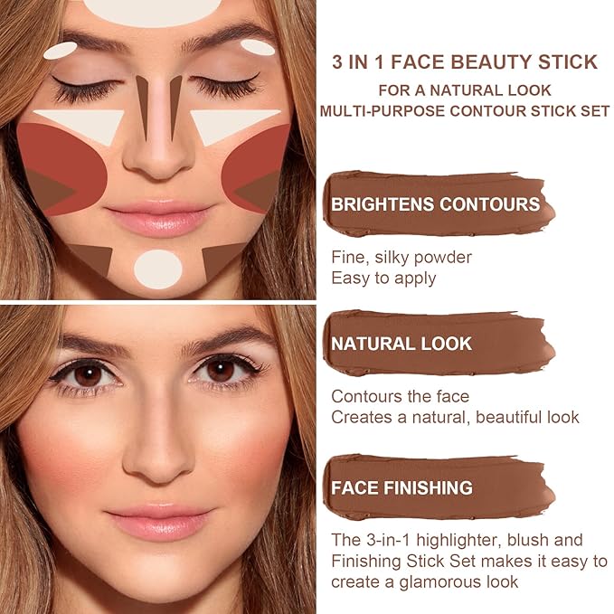3 Colors Cream Contour Stick, Shades with Highlighter Stick,Blush Stick and Bronzer Contour Stick for Sculpt the Cheeks,Long Lasting,Waterproof,Matte & Dewy Finish for Women (FAIR(7+9+11))