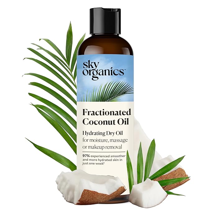 Sky Organics Fractionated Coconut Oil, Hydrating Dry Oil for Moisture, Massage and Makeup Removal, Suitable for All Skin Types, 100% Pure and Cold Pressed Multipurpose Body and Face Oil, 8 fl. Oz