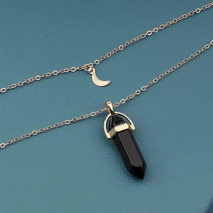 Boho Layered Moonstone Necklace Chain Gold Moon Pendant Necklace Black Hexagonal Stone Necklace Jewelry for Women