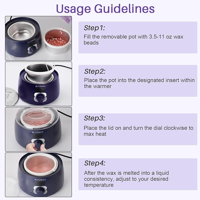 BLITZWAX Single Waxing Pot, Hard Wax Warmer for Face, Legs, Bikini, Brazilian and Body, for 16 oz, At Home Hair Removal Kit, for Men, Beginner Friendly, Quick Heating, Precise Temperature Control