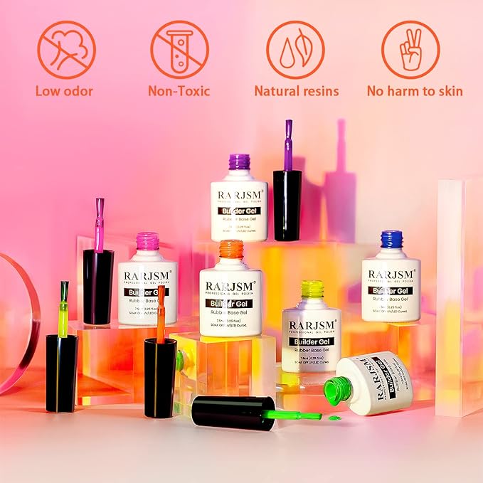 RARJSM Rubber Base Gel for Nails,Neon Gel Nail Polish Set,Neon Orange Green Blue Purple Yellow Rose Red Builder Base Gel in a Bottle ExtensionGel Bright Summer Colors LED UV Cured Home Salon DIY