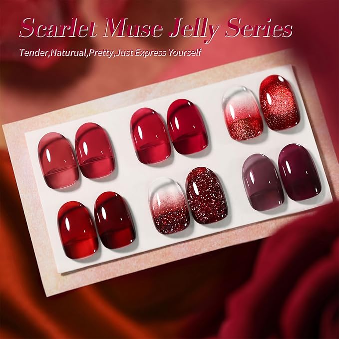 Born Pretty Jelly Burgundy Gel Nail Polish Ruby Red Glitter Cat Magnetic Eye Gel Nail Polish Fall Winter Blood Cherry Wine Red Gel Polish Glitter Soak Off Nail Art Salon Manicure Home Gift 7ml 6pcs