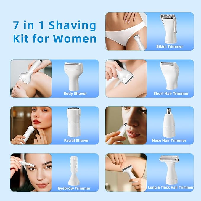 Bikini Trimmer for Women, 7 in 1 Electric Razor, Hair Trimmer for Face Nose Eyebrow Legs Arm Armpit Bikini, Waterproof, Painless Rechargeable Body Shavers Set