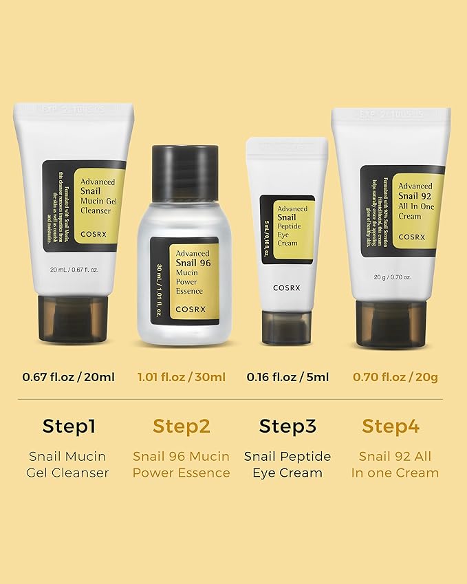 COSRX All About Snail Korean Skincare | TSA Approved Travel Size, Gift Set with Face Gel Cleanser, Essence, Cream & Eye-cream, Repairing, Recovering, Rejuvenating Kit with Snail Mucin, Korean Skincare