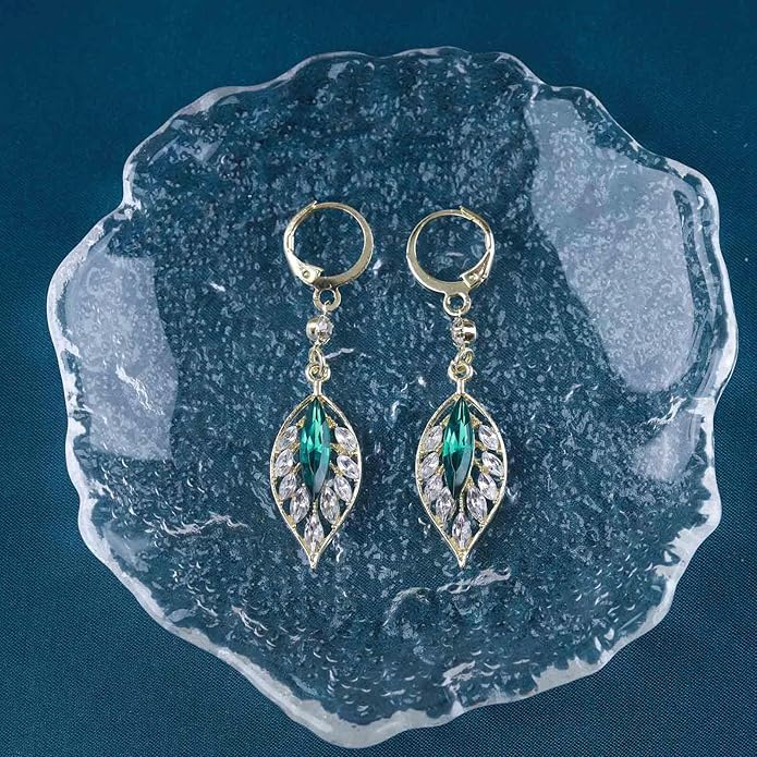 Vintage Emerald Leaf Earrings Rhinestone Leaf Drop Earrings Green Emerald Dangle Earrings Gold Crystal Leaf Hoop Earrings Jewelry for Women