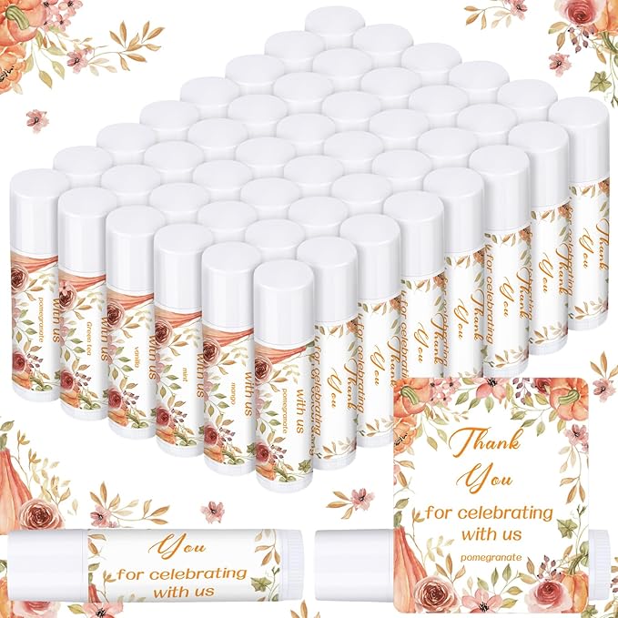 Dunzy 50 Pcs Thank You Gift Lip Balm Bulk Baby Shower Party Favors Bridal Shower Favor Lip Care with Assorted Fruit Flavors Thank You Lipstick for Guest Basket Gift Stuffer (Pumpkin)