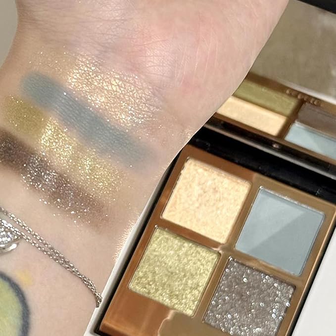 Erinde 4 Colors Eyeshadow Palette Eye Shadow Makeup, Matte Shimmer Metallic Gold Blue Green Dark Brown Nude Neutral Eyeshadow, Long Wearing, Pigmented Blendable, Quad Eye Shadow Palette, 05