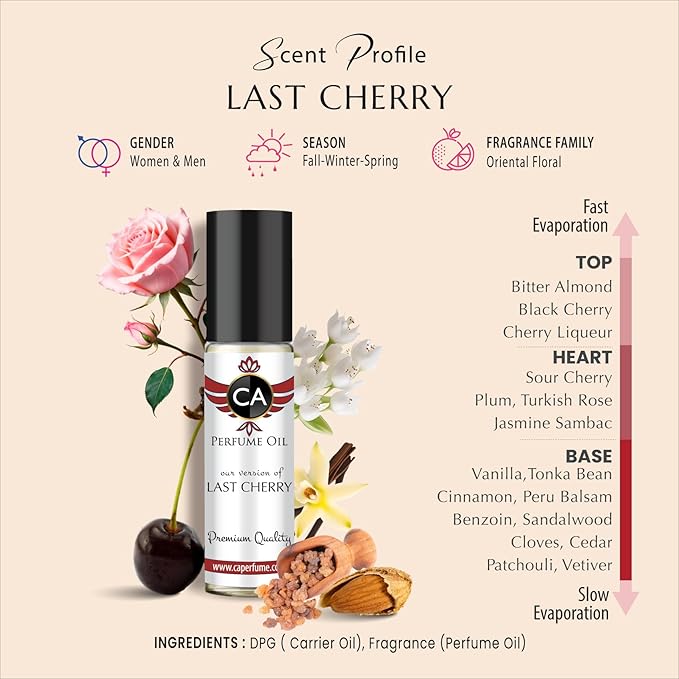CA Perfume Impression of Last Cherry For Women Fragrance Body Oils Dupes Roll-On 0.3 Fl Oz10 ml, 0.3 Fl Oz