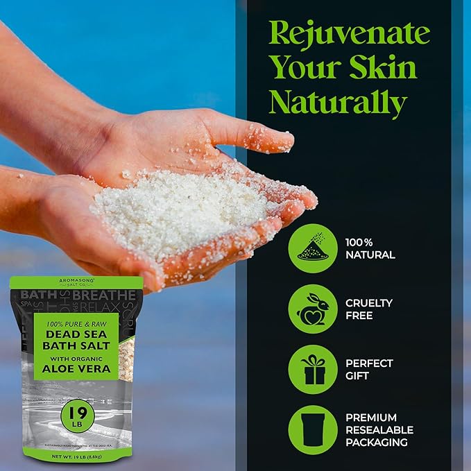 Aromasong 19 lbs RAW Dead Sea Salt with Organic Aloe Vera, not Cleaned, Still Contains All Dead sea Minerals Including Dead sea Mud, Fine Medium Grain Large resealable Bulk Pack - Packaging May Vary