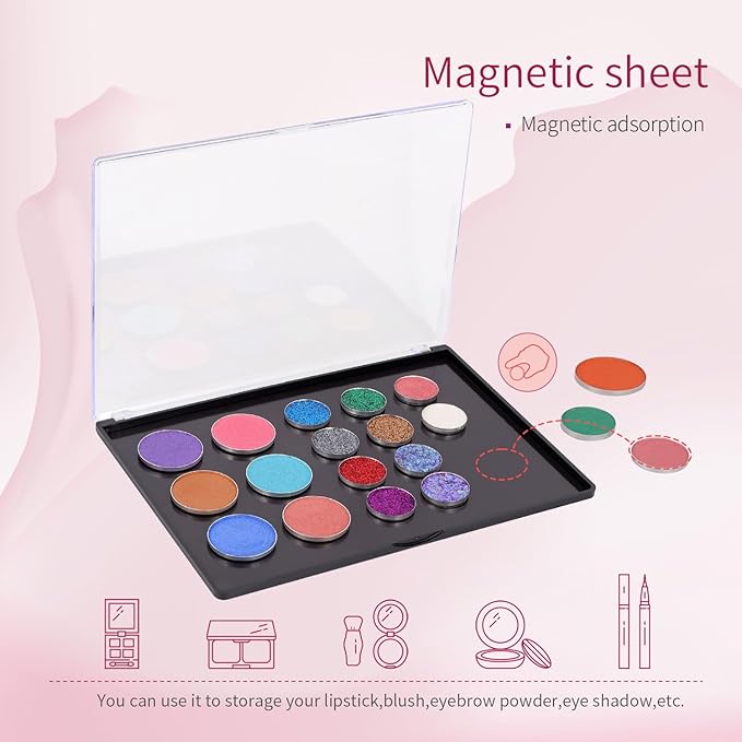 AJLTPA Magnetic Makeup Palette with Clear Top, Empty Eyeshadow Pan Dispensing Storage Box with 40Pcs Adhesive Metal Stickers for DIY Cosmetics Blush Powder(XL Large - 9.25"x6.57")