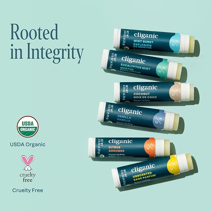 Cliganic USDA Organic Lip Balm Set - 6 Flavors - 100% Natural Moisturizer for Cracked & Dry Lips (Packaging May Vary)