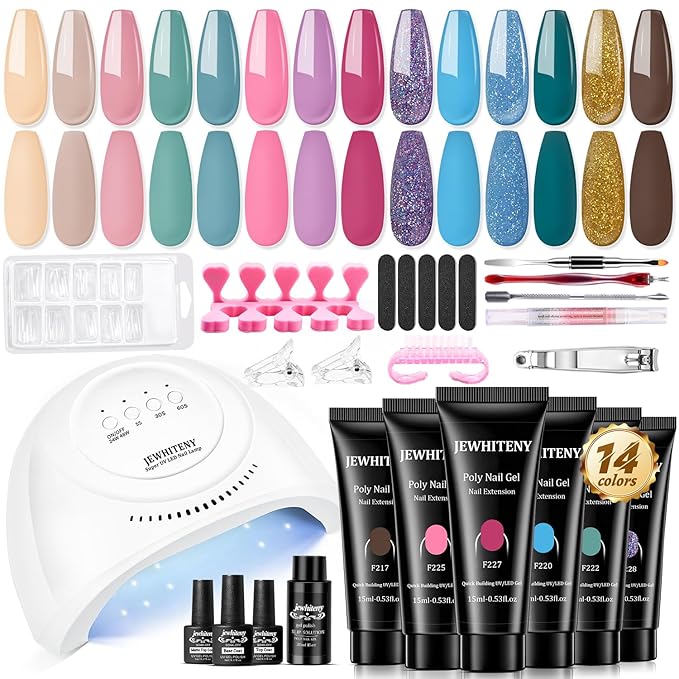 JEWHITENY Poly Gel Nail Kit 14 Colors - Yellow Nude Pink Blue Purple Glitter Tones Starter Kit with UV Lamp Base & Top Coat All-in-One Gift for Women Need U V Light Curing