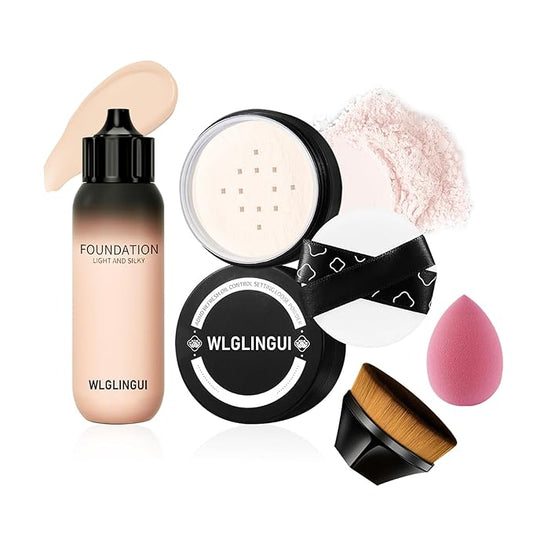 Full Coverage Liquid Foundation Makeup Set,Oil Control Concealer Long Lasting Waterproof Loose Setting Face Powder,Moisturizing BB Cream Set with Soft Makeup Sponge and Foundation Makeup Brush（4PCS）