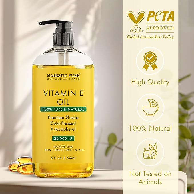 Majestic Pure Vitamin E Oil - 100% Pure & Natural, 20,000 IU | Premium Grade, Cold-Pressed and Tocopherol to Repair Dry, Damaged Skin| Moisturizing Skin, Hair and Scalp 8 Fl Oz