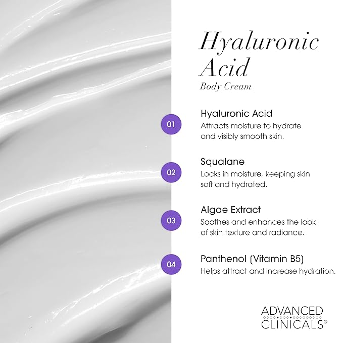 Advanced Clinicals Hyaluronic Acid Moisturizer Body Cream W/Vitamin E | Hydrating Cream & Body Lotion For Women & Men To Help Improve Look of Wrinkles, Dry Skin, Crepey Looking Skin, W/Travel Size