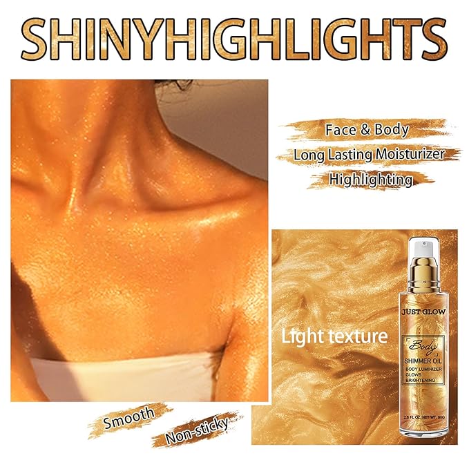 Shimmer Body Oil, Face and Body Liquid Luminizer Waterproof Moisturizing, Light Shimmer Glow Illuminator, Smooth Body Highlighter Makeup Liquid Body Shimmer (2# Gold)