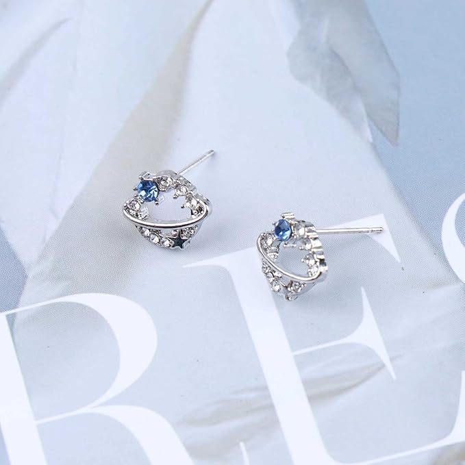 Boho Crystal Saturn Earrings Cz Orb Planet Earrings Silver Rhinestone Circle Earrings Tiny Sapphire Stud Earrings Jewelry for Women and Girls