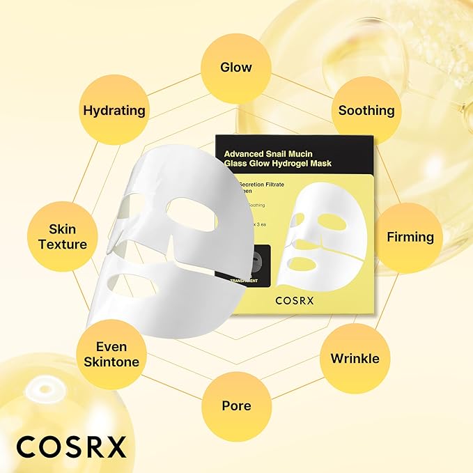 COSRX Advanced Snail Mucin Glass Glow Hydrogel Face Masks Skincare 3 EA, Collagen Face Mask, Travel Essentials, Overnight Face Mask, Korean Skin Care