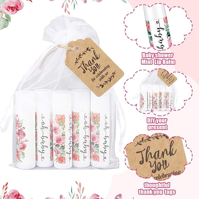 Demissle 50 Pcs Baby Shower Lip Balm Gift Set with 100 Pcs Organza Bags Baby Shower Party Favor for Guest Thank You Tag Rope Baby Shower Party Decoration Gender Reveal Souvenirs(Watercolor Flower)