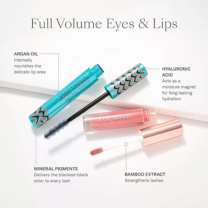 Josie Maran Eye Love Lip Gloss & Mascara Makeup Kit - Plumping Lip Gloss Infused with Argan Oil, Hyaluronic Acid and Sheer, Radiant Color + Argan Black Oil Lengthening Mascara (2 Piece Set)