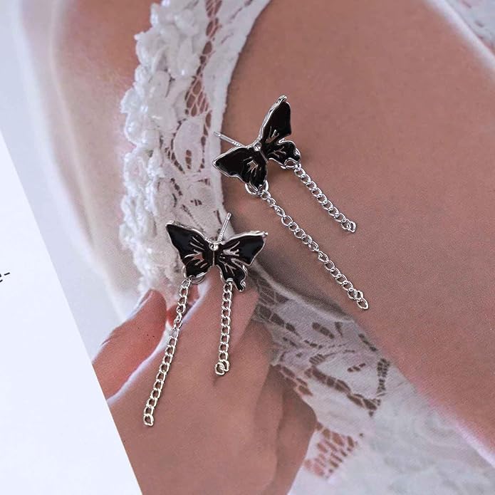 Vintage Butterfly Stud Earrings Silver Chain Tassel Dangle Earrings Black Butterfly Earrings Layer Chain Drop Earrings Jewelry for Women