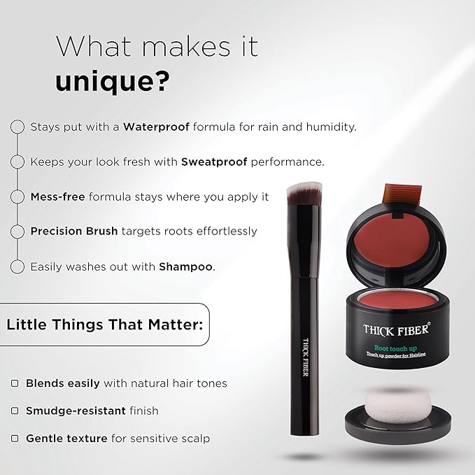THICK FIBER Root Touch Up and Hairline Concealer for Thinning Hair Women - Water & Sweat Resistant Hair Loss Powder Set, Includes Brush (Red Brown)