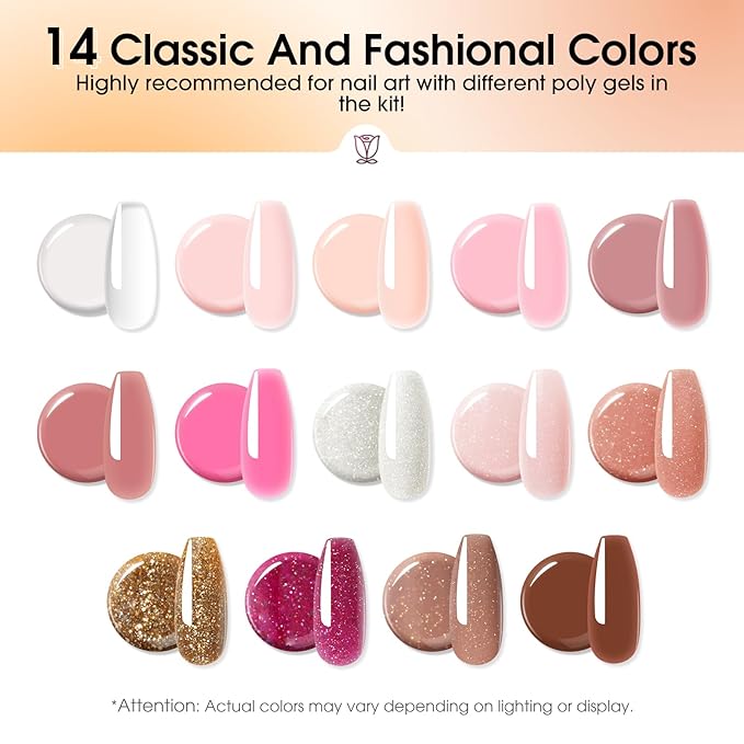 Poly Nail Gel Starter Kit -14 Colors + 75 Nail Art Accessories Kit,ROSALIND Clear Pink Nude Glitter Poly Nail Gel with Big UV Light 48W and Electric Nail Drill Starter Kit