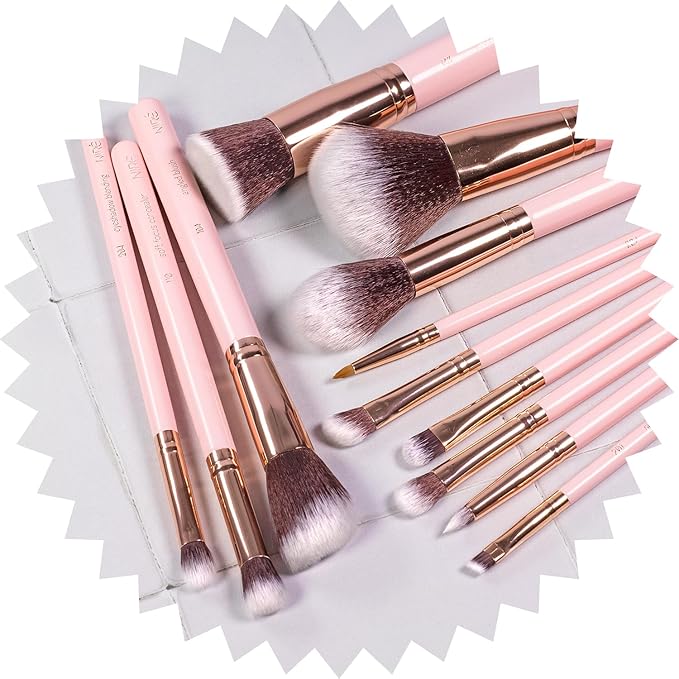 Niré Beauty 15piece Award Winning Pink Makeup Brushes: Pink Makeup Brush Set with Case, Makeup Sponge, Brush Cleaner, Guide, Gift Box