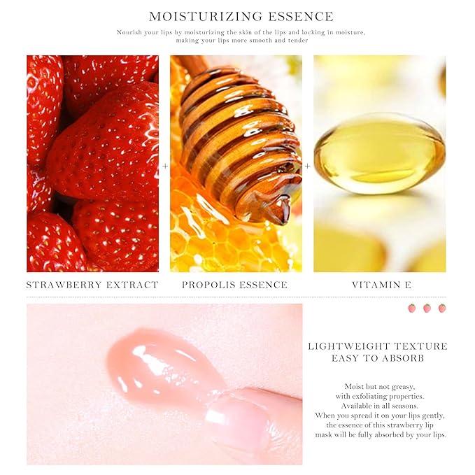 2PCs Strawberry Lip Sleeping Mask,Bee Lip Balm Honey Pot, Bee Lip Honey Pot with Wand Nourishes Lips, Overnight Strawberry Propolis Honey Balm Lip Mask for Lip Care Moisturize Lip Skin
