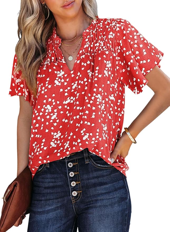 SHEWIN Women's Casual V Neck Floral Print Smocked Short Sleeve Chiffon Blouses Bohemian Top Shirts