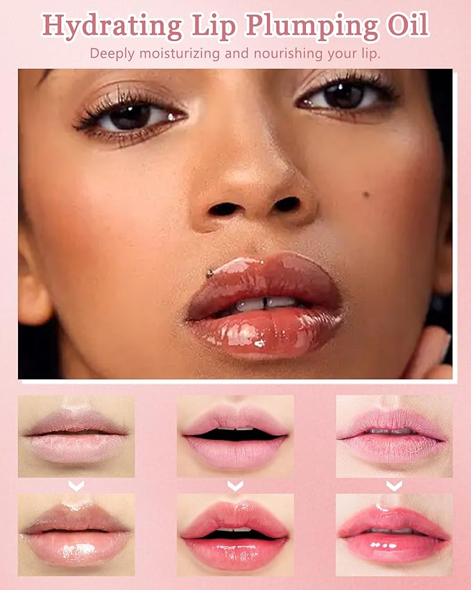 Plumping Lip Oil Kit-3Pcs Hydrating Glossier Tinted Lip Gloss,Long Lasting Lip Plumper and Pout Booster LIpgloss, Moisturizing Non-Sticky Natural Fuller Lip Tint Stain, Makeup Gift for Women-Set A