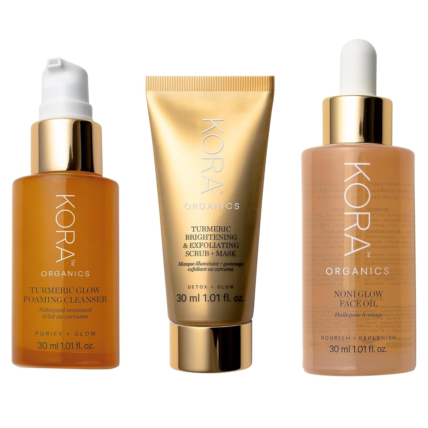 KORA Organics Best Sellers Trio, Gift Set with Noni Glow Face Oil, Turmeric Brightening & Exfoliating Mask and Foaming Cleanser (3 Items)