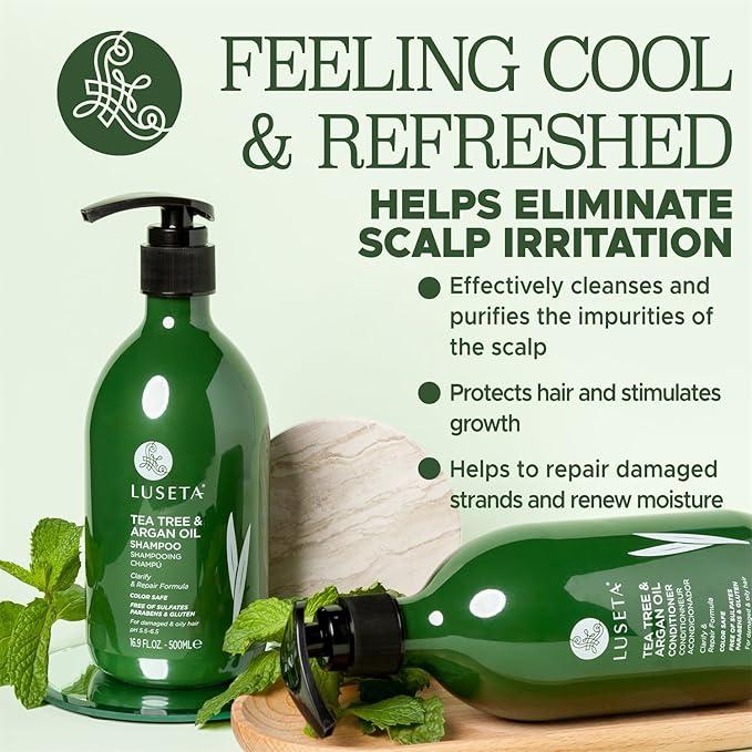 Luseta Shampoo and Conditioner Set with Tea Tree and Argan Oil for Oily Hair Clarifying, Fighting Dandruff Sulfate Paraben Free for Men and Women 2x16.9oz