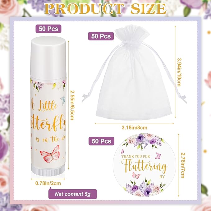 Fumete 50 Pack Butterfly Baby Shower Party Gifts Favors Bulk Lip Balms for Guests Boys Girls Neutral Gender Reveal Favors for Baby Shower Prizes Souvenirs Bags Stuffer Classroom Prizes