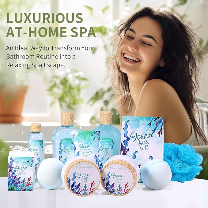 Green Canyon Spa Gift Baskets for Women, Bath and Body Gift Set for Women, 12Pcs Ocean Spa Sets Includes Bubble Bath, Body Lotion,Mothers Day Gifts for Her,Spa Baskets