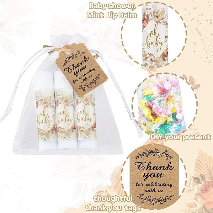 Demissle 50 Pcs Baby Shower Lip Balm Gift Set with 100 Pcs Organza Bags Baby Shower Party Favor for Guest Thank You Tag Rope Baby Shower Party Decoration Gender Reveal Souvenirs(Colorful Plants)